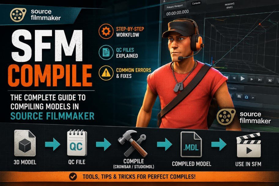 SFM Compile workflow in Source Filmmaker showing QC files, Crowbar, Studiomdl, and the complete model compilation process