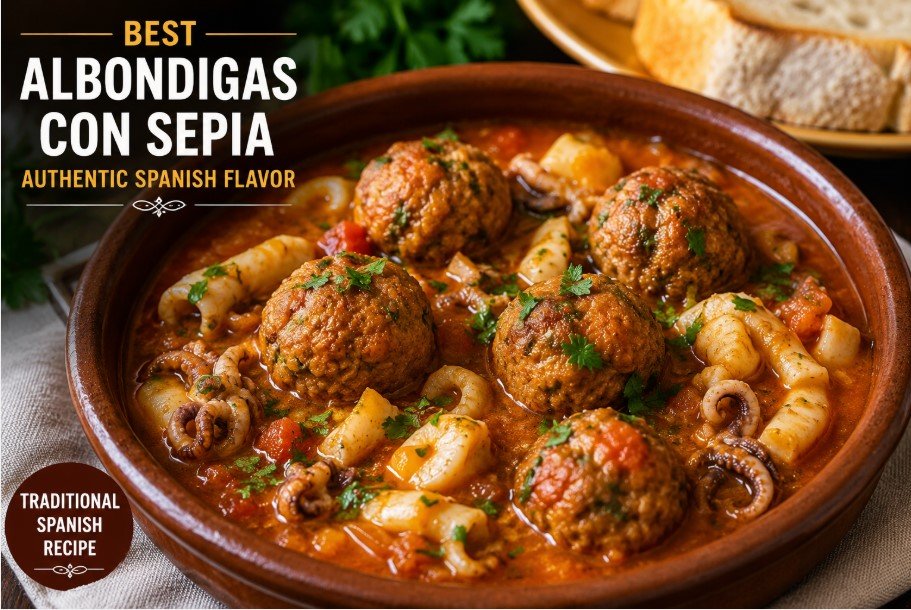 Best Albondigas con Sepia near me served in traditional Spanish tomato sauce with homemade meatballs and fresh cuttlefish