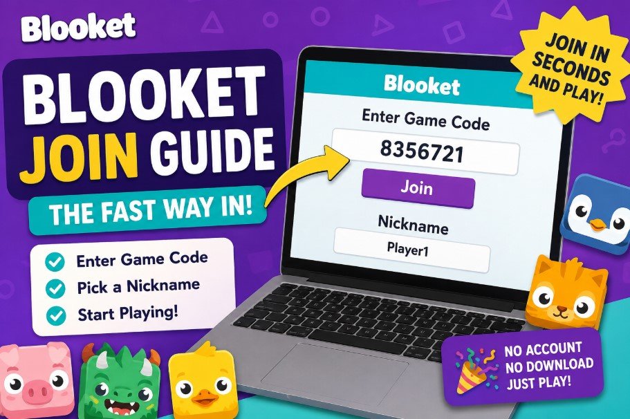 Blooket Join guide showing how to enter a game code, choose a nickname, and join a Blooket game quickly on a laptop using the official Blooket play page.
