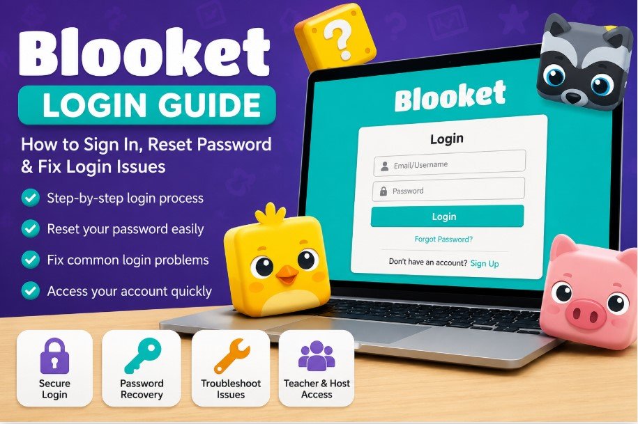 Blooket Login guide illustration showing a laptop login screen with colorful game characters, step-by-step sign-in tips, password recovery, and login troubleshooting for teachers and students.