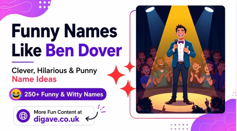 Funny Names Like Ben Dover featured image showing a comedy stage with 250+ clever, funny, and punny name ideas for usernames, games, and social media.